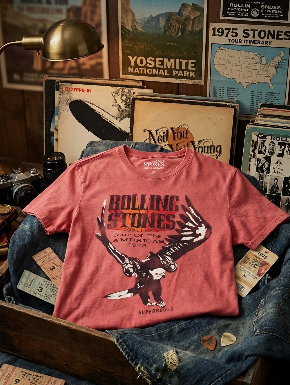 Lucky Brand Rolling Stones 1975 Tour of the Americas Graphic T-Shirt Men's M Red